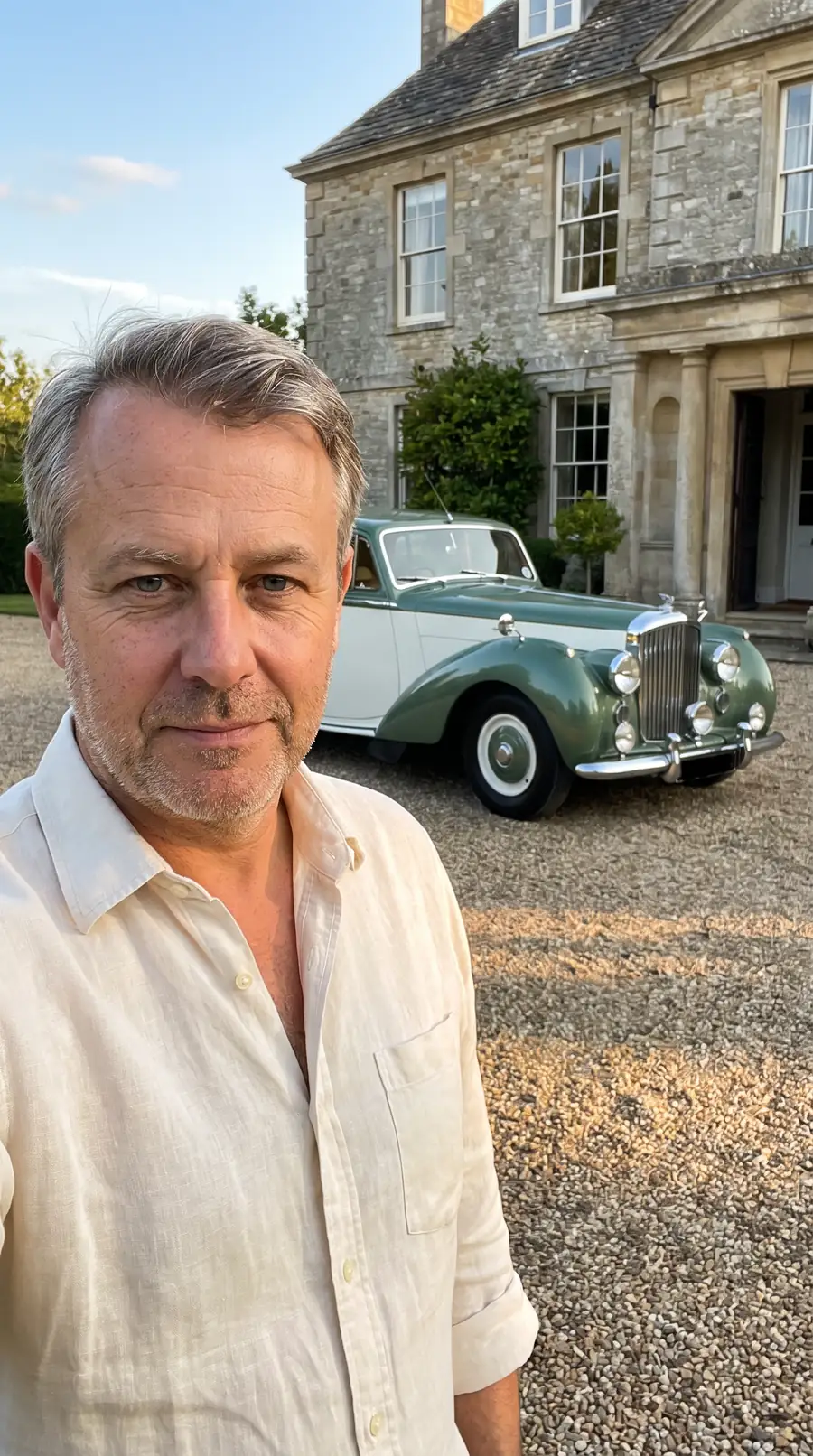 Archie Fletcher outside an English country house